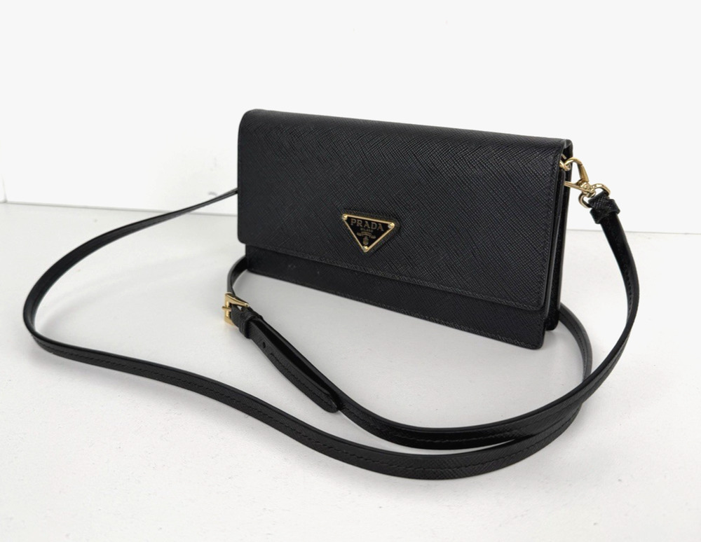 Prada Mini Signature Logo Crossbody Bag in Black Saffiano Leather S10